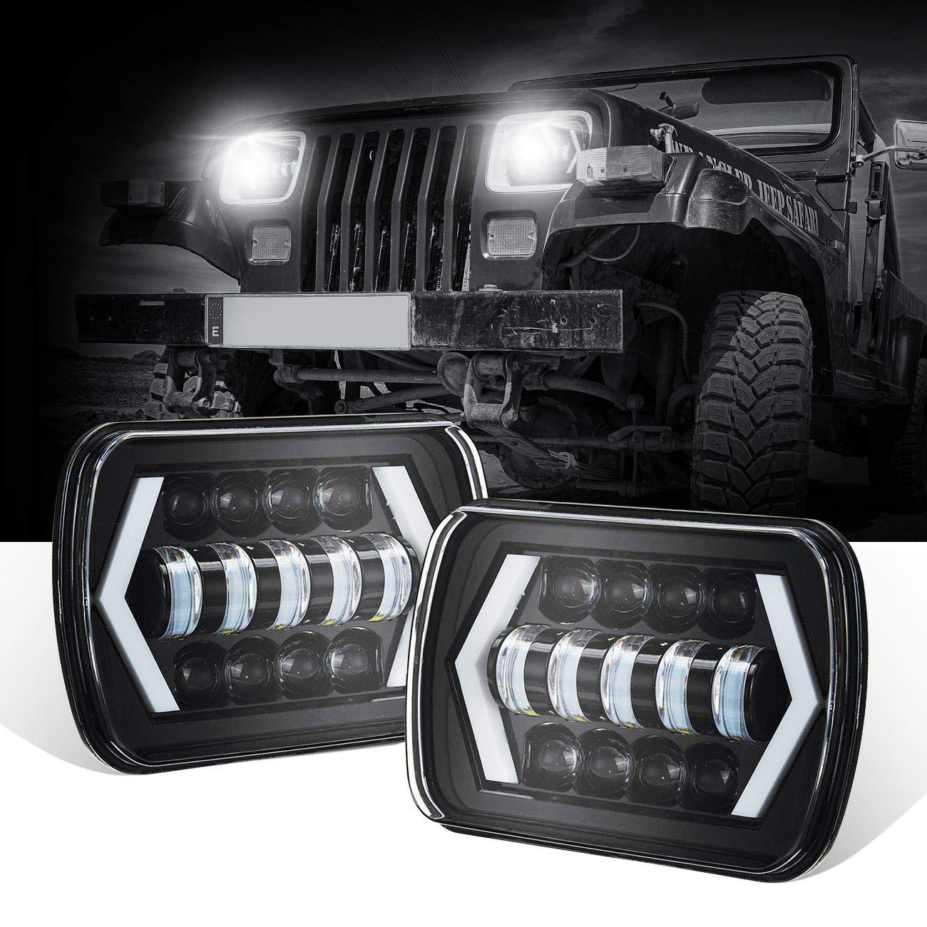 Doxmall 110W 5x7'' Sealed Beam LED Headlight with White DRL & Amber Arrow Dynamic Sequential Turn Singal 7x6'' Rectangular Headlamp for Offroad YJ XJ Cherokee Truck Van H6054 H5054 H6054LL 69822 6052 6053