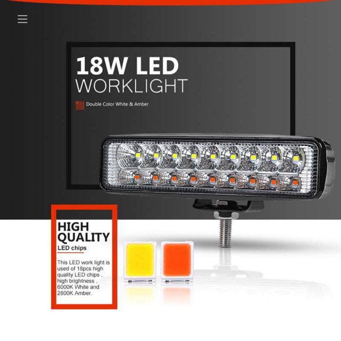 Doxmall 18W Dual Color Car Led Work Light Back Up Light Bar with White & Amber for Offroad Truck