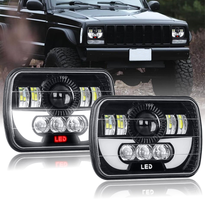 LED Projector Headlight Universal 5x7in LED Headlight Dual Beam Design Front Light Square 300W 6000K H6054 Fit for Jeep Cherokee/Wrangler YJ MJ 