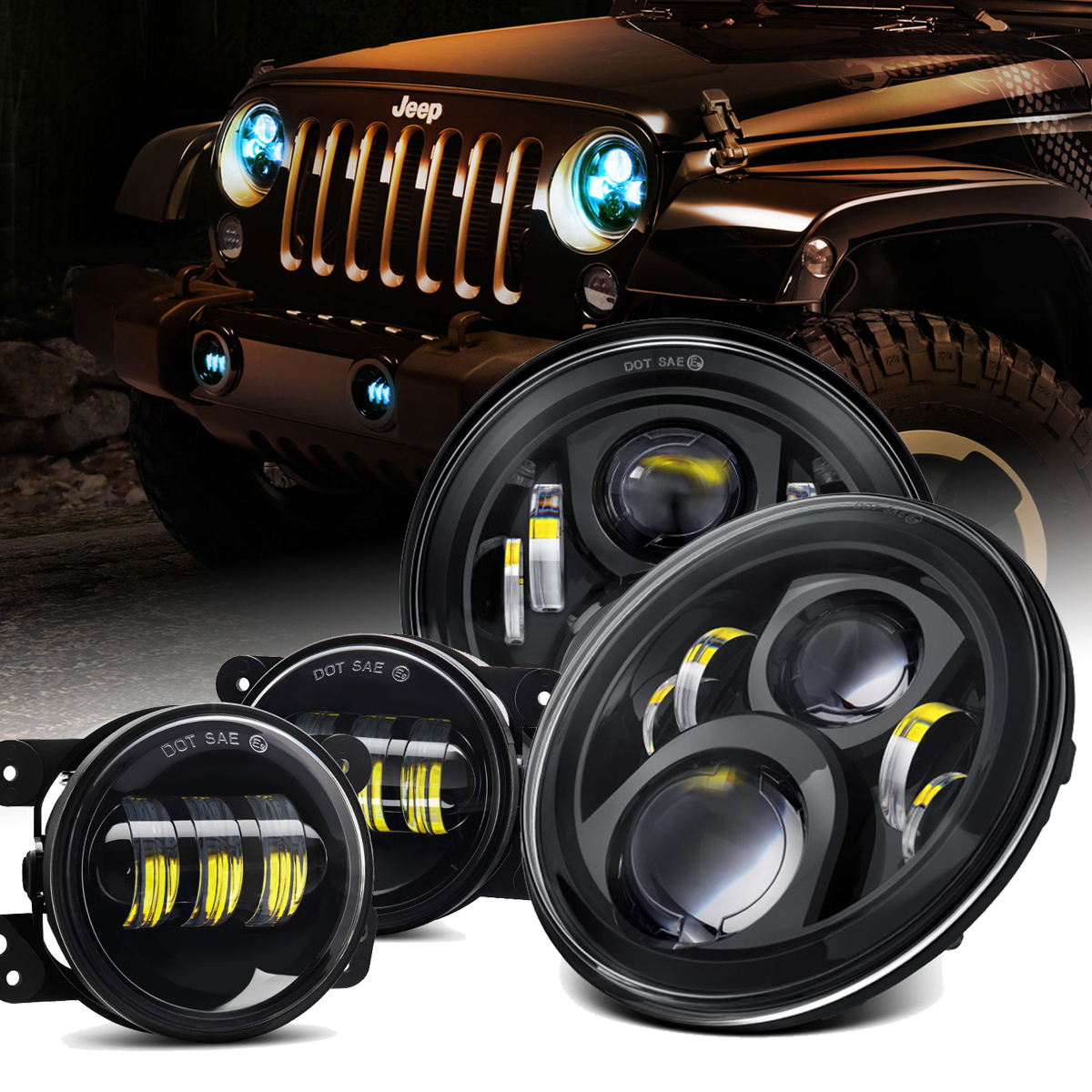 Doxmall 7inch Round Projector Jeep LED Headlights + 4 inch LED Fog Lights for Jeep Wrangler 97-2017 JK LJ