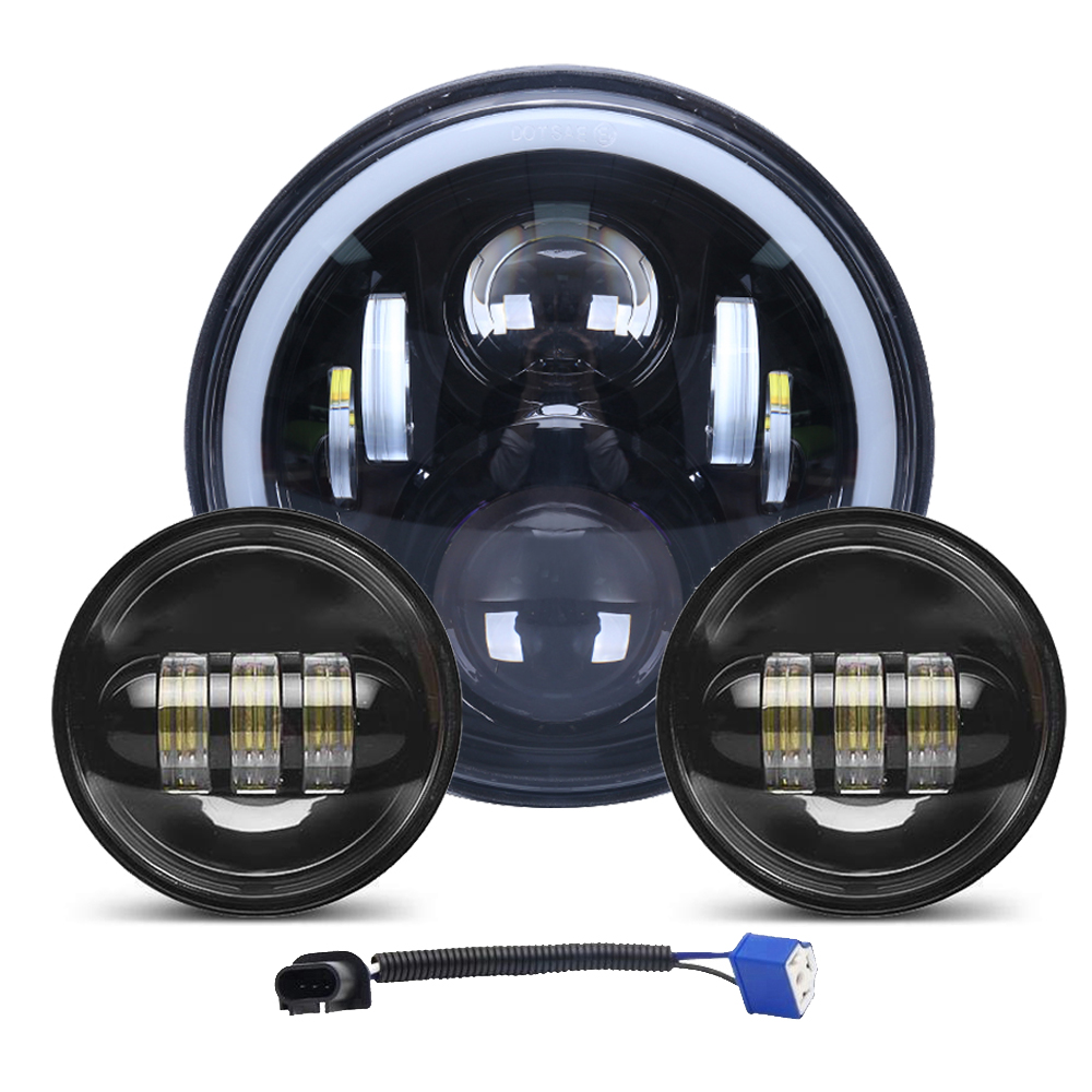 DOXMALL 7 inch LED Headlight with White+Amber Half Halo Ring for Road King Road Glide Street Glide Electra GlideUltra Limited with 4-1/2” LED Passing Lamps Fog Lights and H4 Adapter