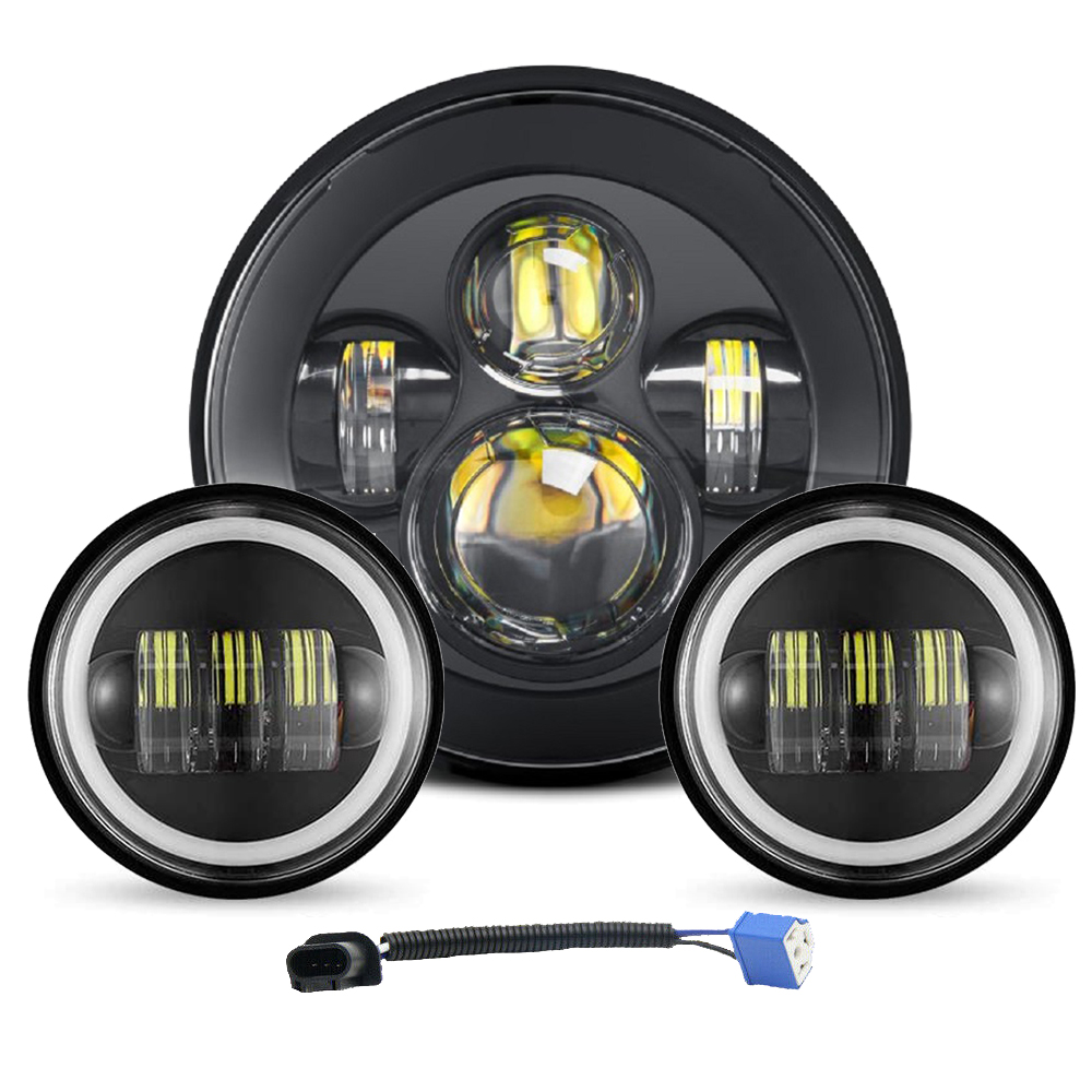 DOXMALL Motorcycle 7″ LED Headlight with 4-1/2 LED Passing Fog Lamps with DRL Halo Lighs and H4 Adapter