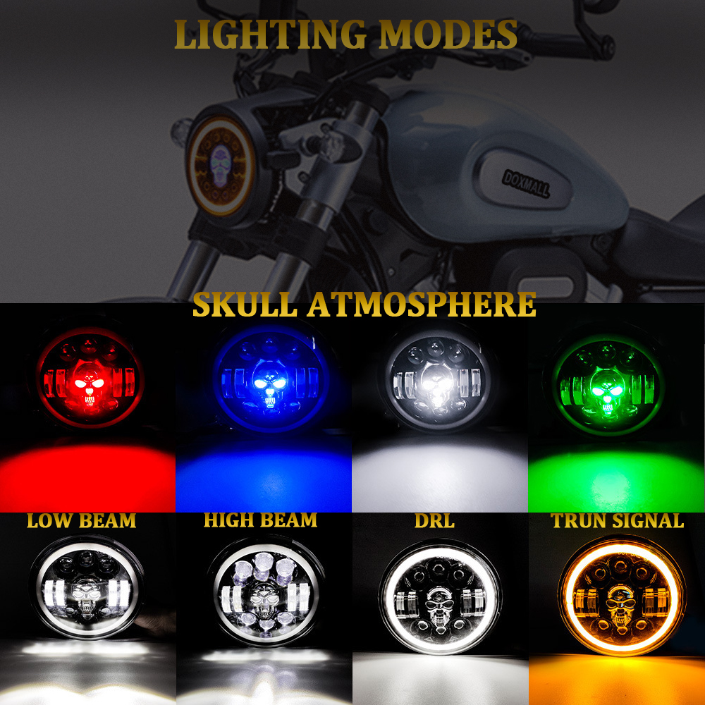 Doxmall Skull Pattern RGB Headlight 1Pcs DOT Approved 7 inch LED Projector Headlamp Replacement for Road King Street Glide Fat Boy - Image 2