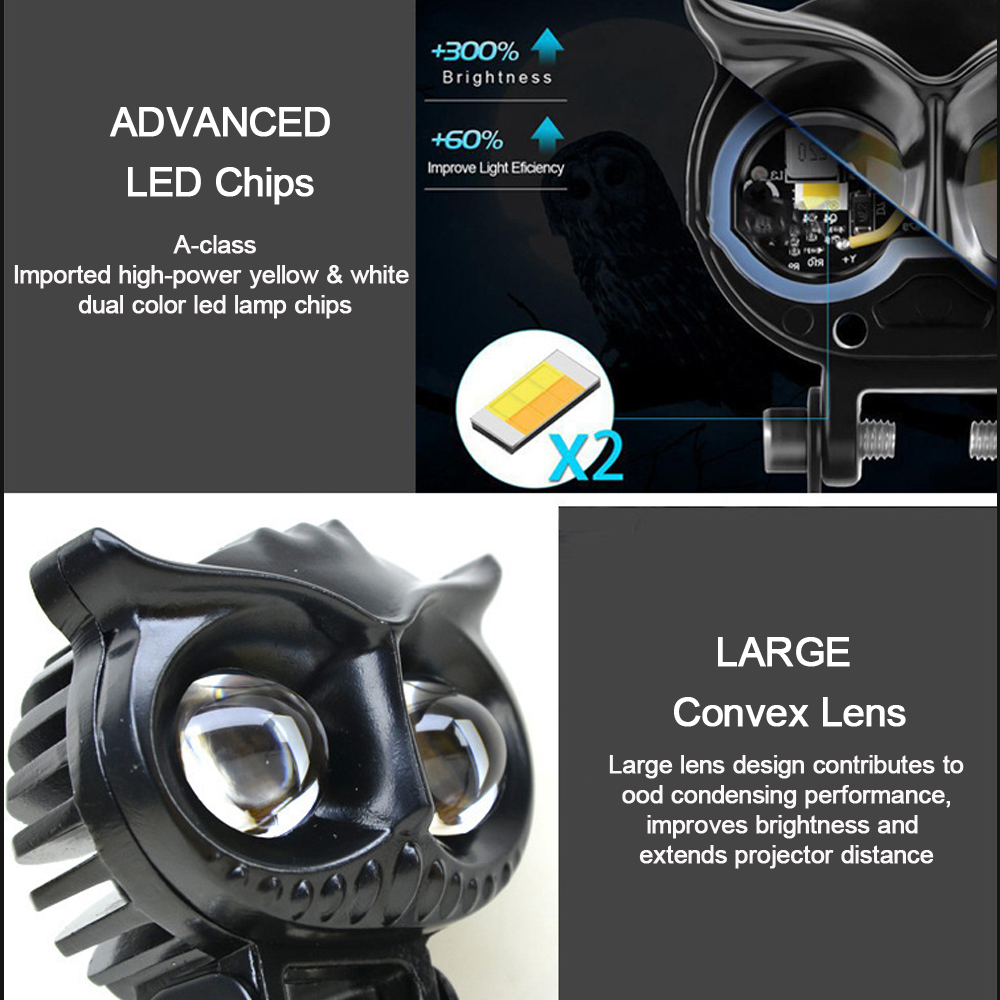 Doxmall 2Pcs Owl Shape Motorcycle LED Spotlight Dual Color White And Amber Lens Hi/Low beam Driving Spot Fog Lights - Image 2