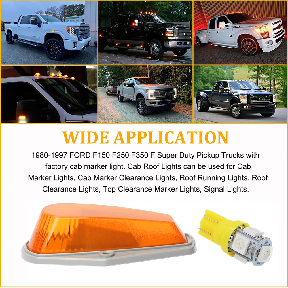 Doxmall 5Pcs Amber Cab Marker Light Covers Replacement for F150 F250 F350 Top Roof Clearance Running Lights Lens 1980-1997 Super Duty Pickup Trucks with Base and Amber T10 Bulbs - Image 6