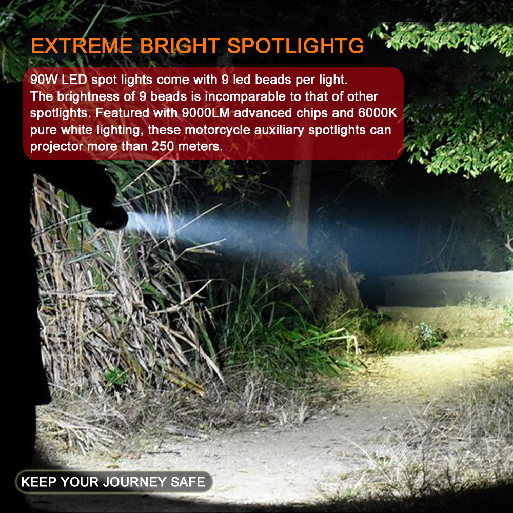 Doxmall 2Pcs Motorcycle LED Driving Lights 90W Spotlights Fog Light Auxiliary Lights 12V LED Pods Light w/ Wiring Harness Switch Universal for Motorbike Car Tractor ATV UTV SUV Truck Boat - Image 7