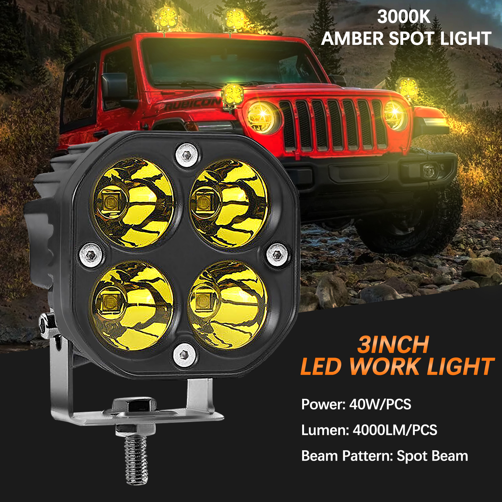 DOXMALL 2PCS Amber Spot Beam Led Offroad Driving Light 3 Inch Led Pod Light Bar 40W Led Work Fog Light For Car Truck Pick-up SUV ATV Boat Motorcycle - Image 2
