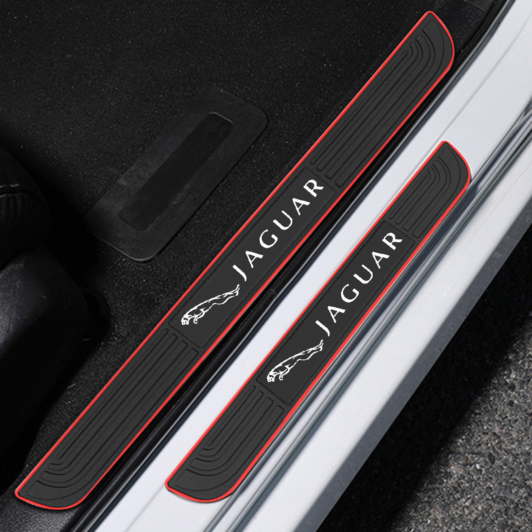 Jaguar Logo Car Door Sill Protector Rubber Scuff Plate Trim Autoparts Accessories (4PCS)