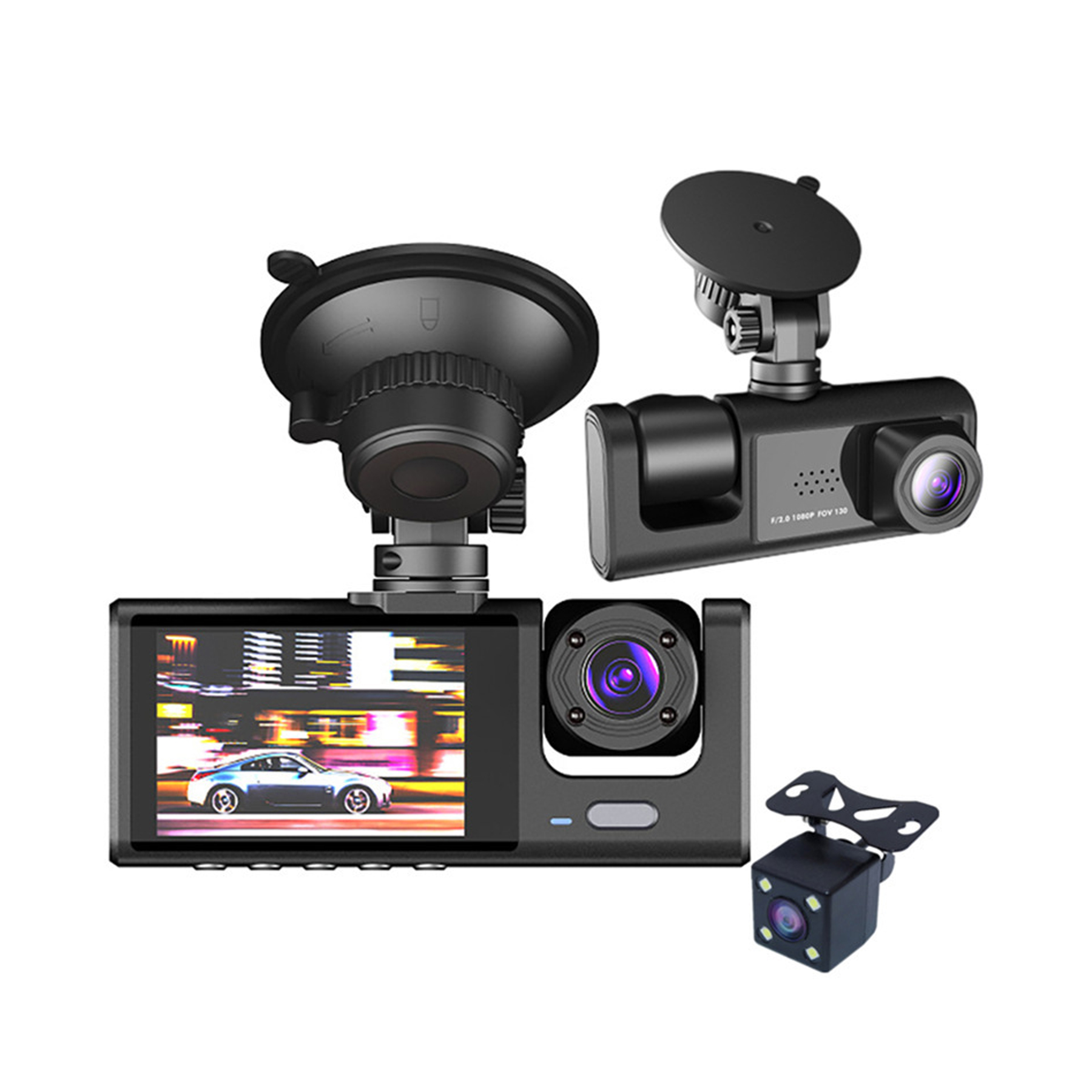 HD Wireless Dash Cam 1080P Front and Rear Internal Three-lens Driving Recorder, 2-inch Screen WIFI Parking Monitoring Multi-functions