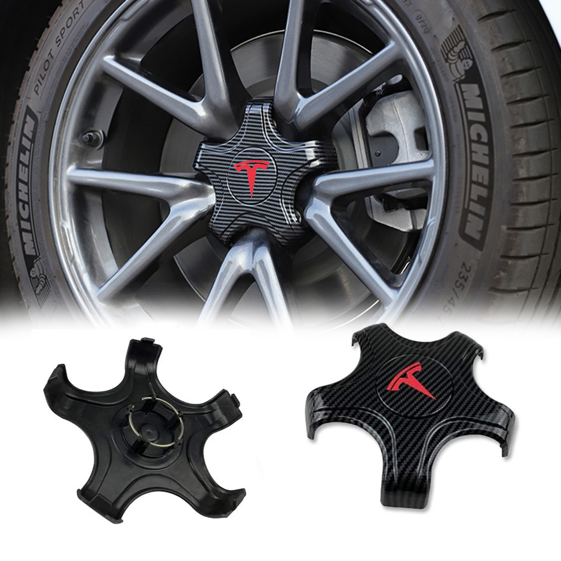 Black Tesla Logo Wheel Center Hub Caps Carbon Fiber Decorative For Tesla Suitable for Model 3 (4pcs)