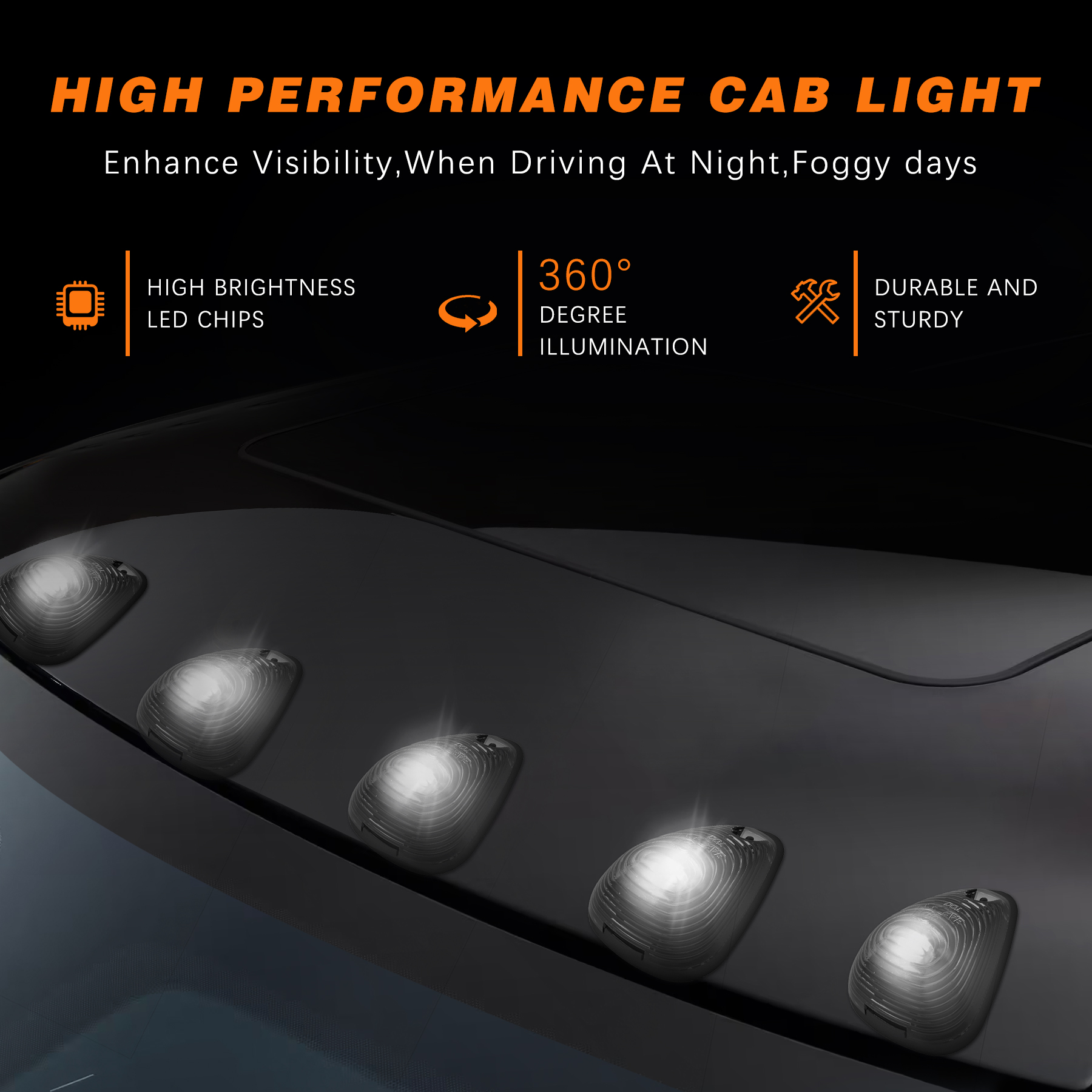 5Pcs Cab Lights Smoked Lens White Light, LED Cab Roof Top Clearance Marker Lights Replacement Assemblies Compatible with Ford 1999-2016 F150 F250 F350 F450 F550 Super Duty Pickup Trucks SUV - Image 2